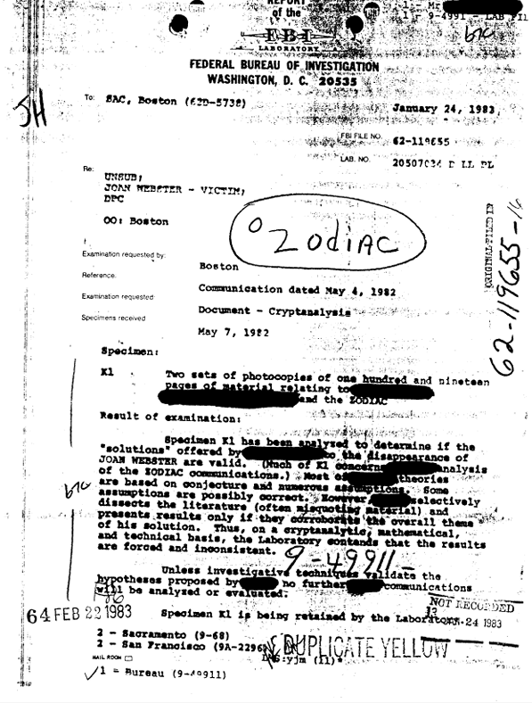 Documento oficial do FBI de 1983 sobre o caso Zodiac Killer, com referência à criptanálise de mensagens atribuídas ao criminoso.