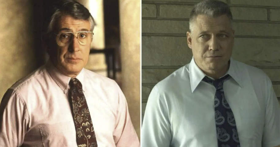 Montagem lado a lado do do investigador FBI Robert Ressler e do personagem de série inspirado em profilers, Bill Tench, ambos de camisa e gravata